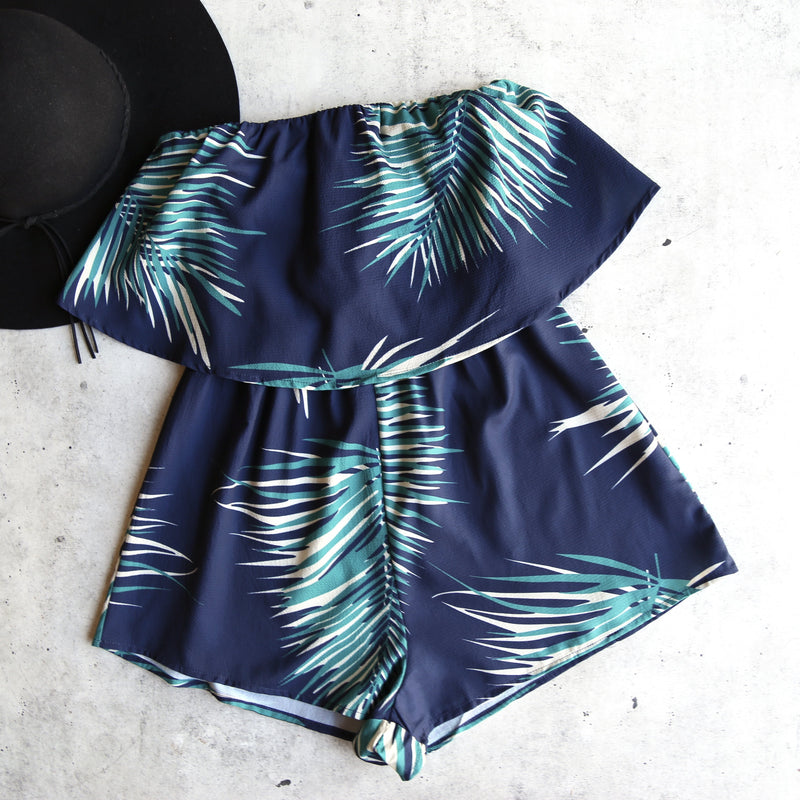 Reverse - Tainted Love Strapless Romper - Navy/Leaf