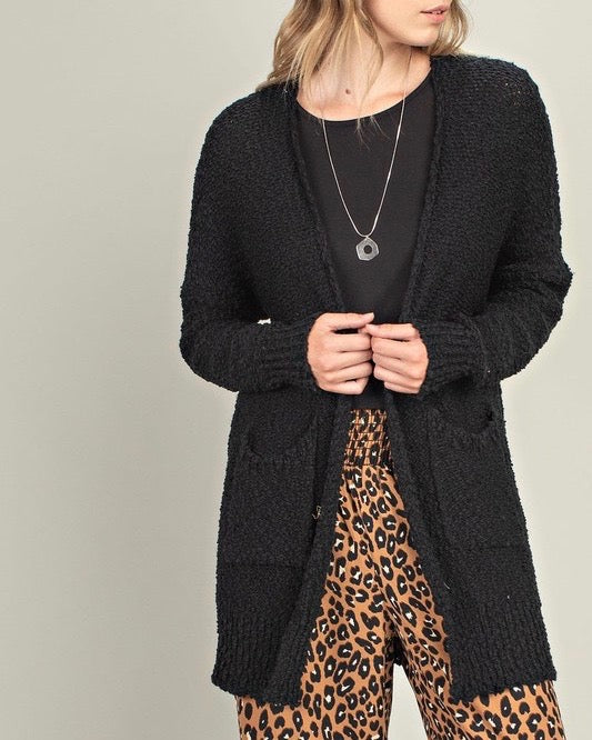 Fuzzy Front Pocketed Open Cardigan in Black