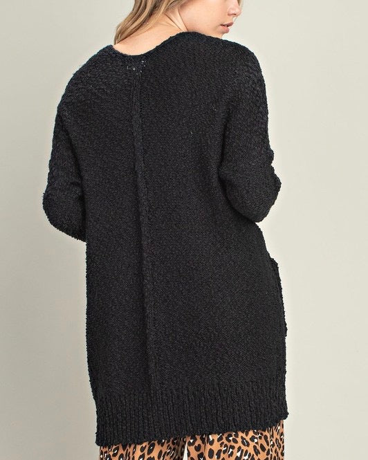 Fuzzy Front Pocketed Open Cardigan in Black