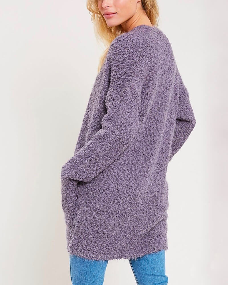 fuzzy knit sweater open-front cardigan in PURPLE GREY