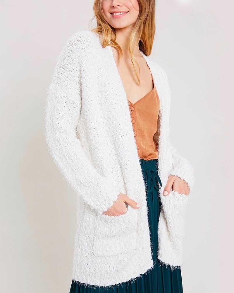 fuzzy knit sweater open-front cardigan in CREAM