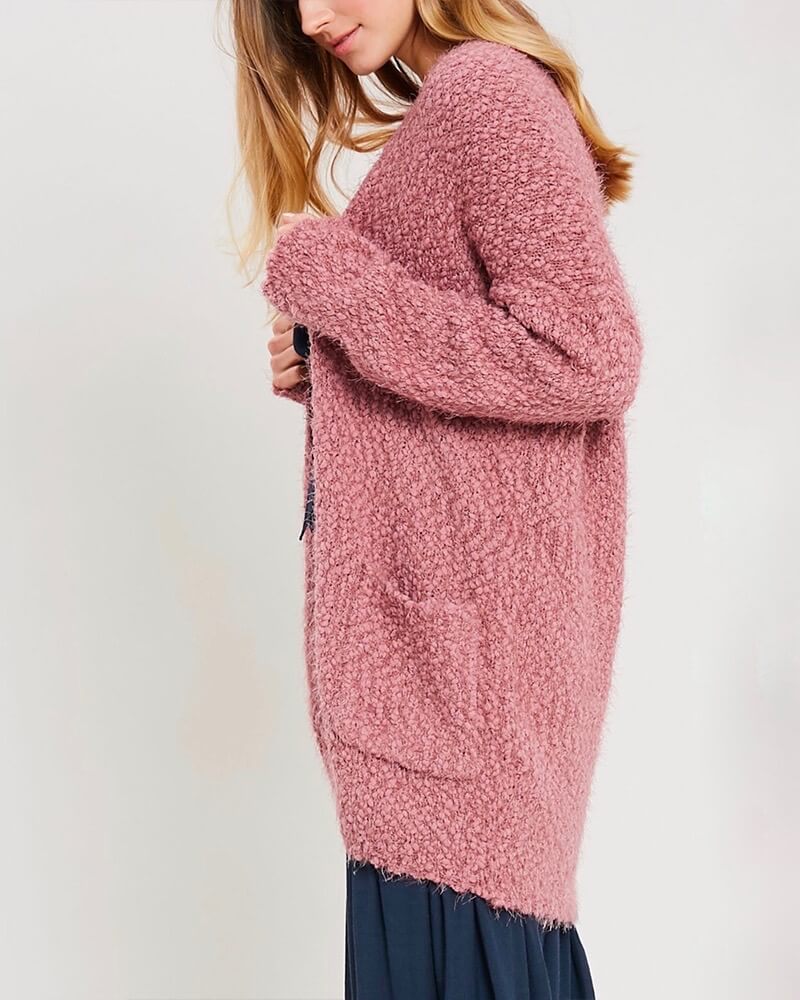 fuzzy knit sweater open-front cardigan in MAUVE
