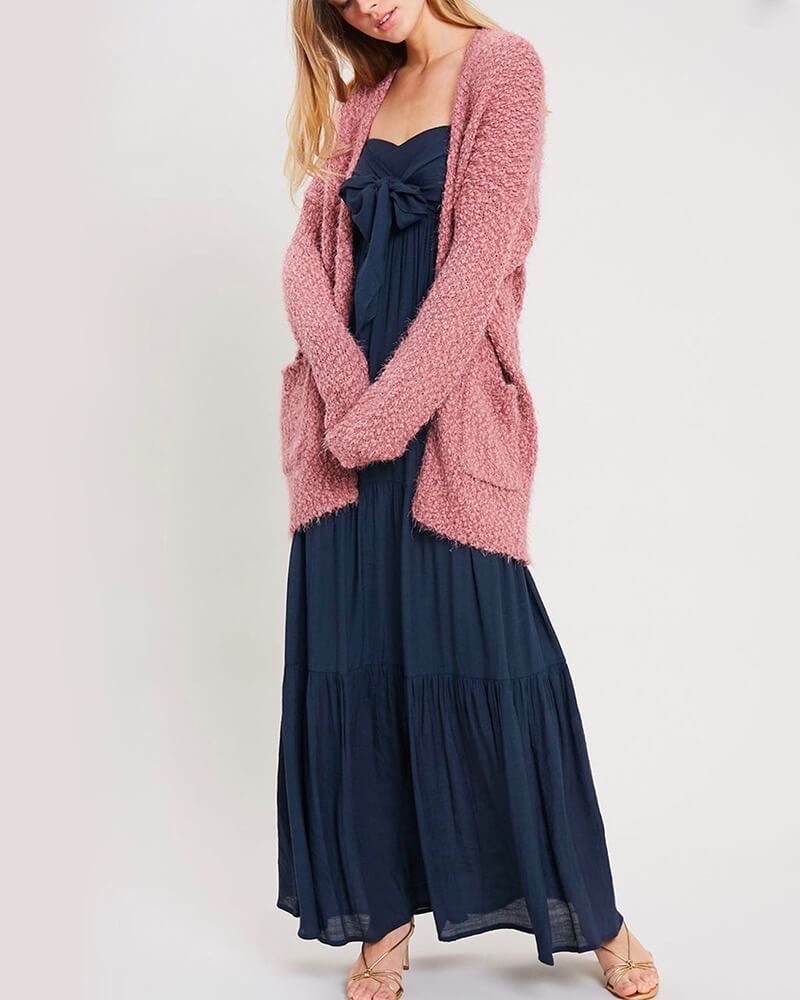 fuzzy knit sweater open-front cardigan in MAUVE