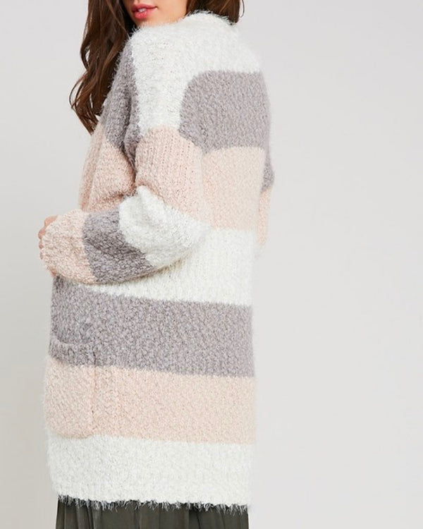 Fuzzy Popcorn Yarn Sweater Colorblock Long Cardigan in Stripe Cream Multi