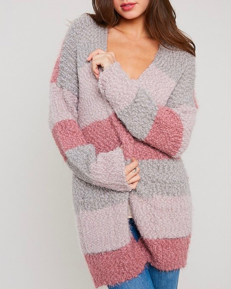 Fuzzy Popcorn Yarn Sweater Colorblock Long Cardigan in Stripe Mauve Multi