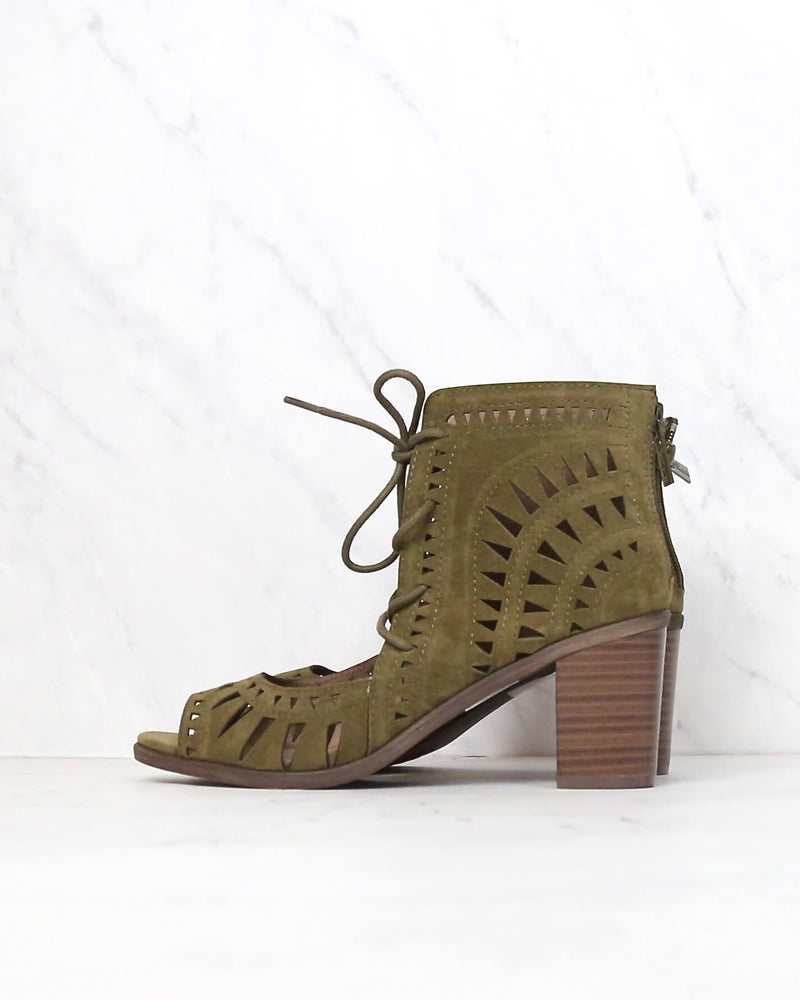 Leilani Vegan Suede Cut Out Lace Up Chunky Mule Heel in More Colors