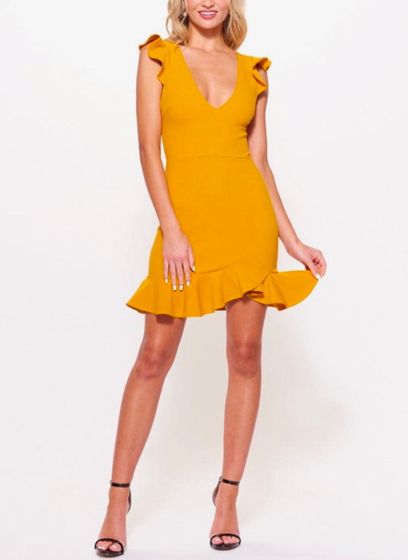 Girl Next Door Ruffle Sleeve Tie Back Mini Dress in Mustard