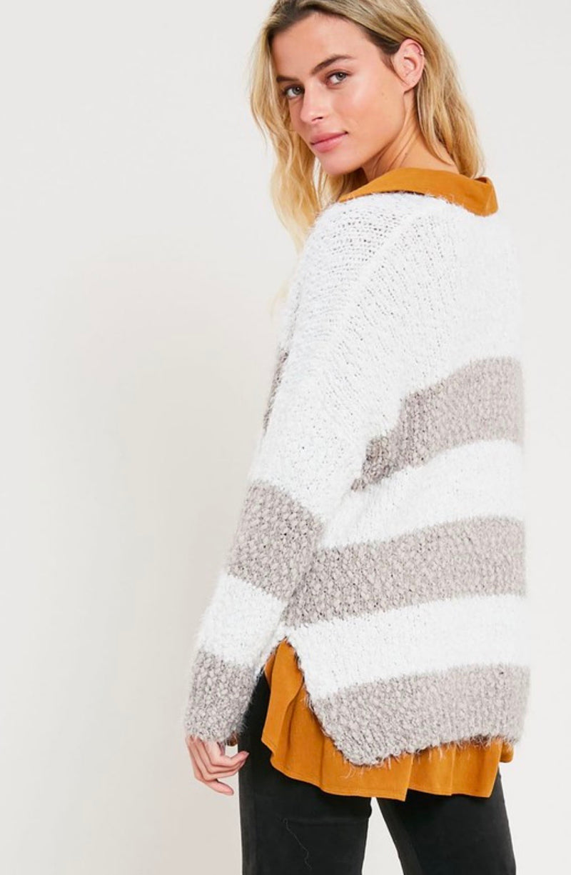 Girls Like Me Striped Fuzzy Knit Sweater with Side Slit in Mocha/Cream