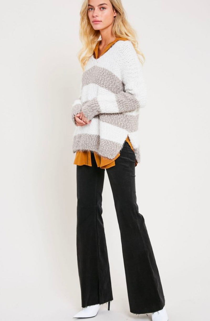 Girls Like Me Striped Fuzzy Knit Sweater with Side Slit in Mocha/Cream