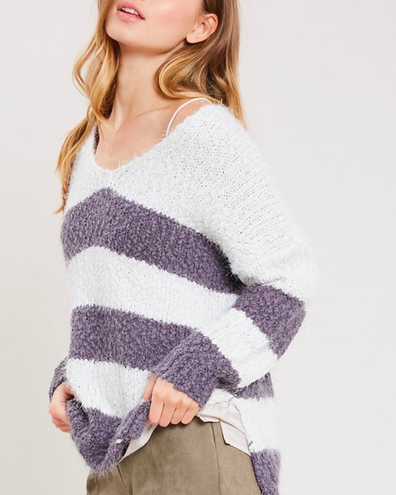 Girls Like Me Striped Fuzzy Knit Sweater with Side Slit in Purple Grey/Cream