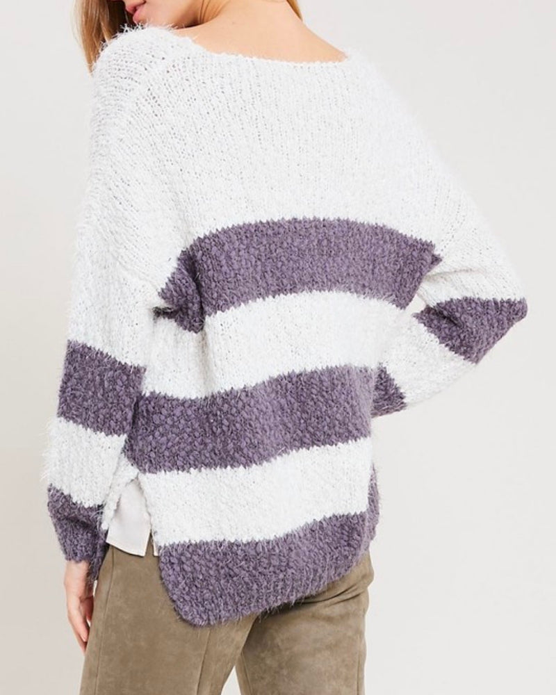 Girls Like Me Striped Fuzzy Knit Sweater with Side Slit in Purple Grey/Cream