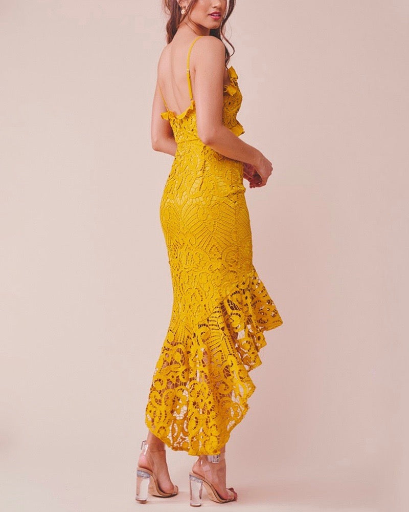 mustard yellow lace maxi dress Glamorous Floral Crochet Lace Fishtail Ruffle Trim Dress in Mustard – Shop  Hearts