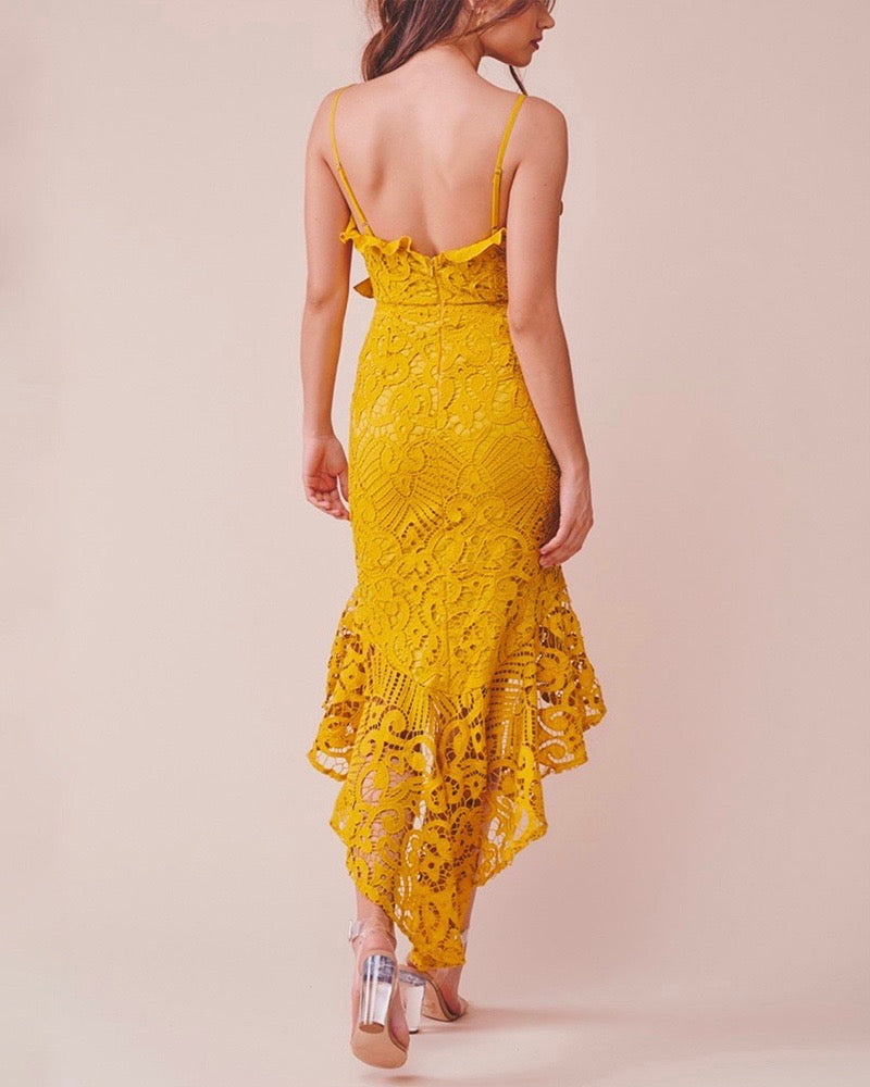 Glamorous Floral Crochet Lace Fishtail Ruffle Trim Dress in Mustard