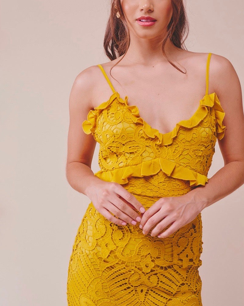 Glamorous Floral Crochet Lace Fishtail Ruffle Trim Dress in Mustard Shop Hearts Glamorous Floral Crochet Lace Fishtail Ruffle Trim Dress in Mustard Shop Hearts