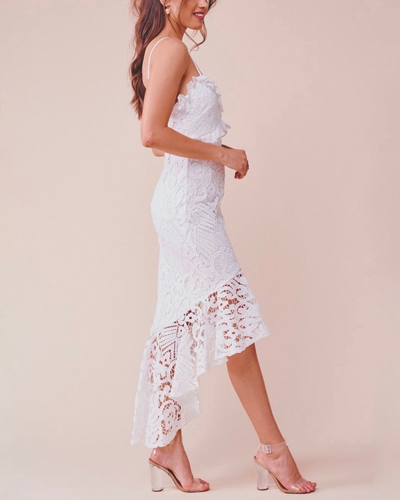 Glamorous Floral Crochet Lace Fishtail Ruffle Trim Dress in White