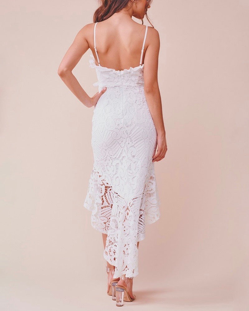 Glamorous Floral Crochet Lace Fishtail Ruffle Trim Dress in White – Shop  Hearts