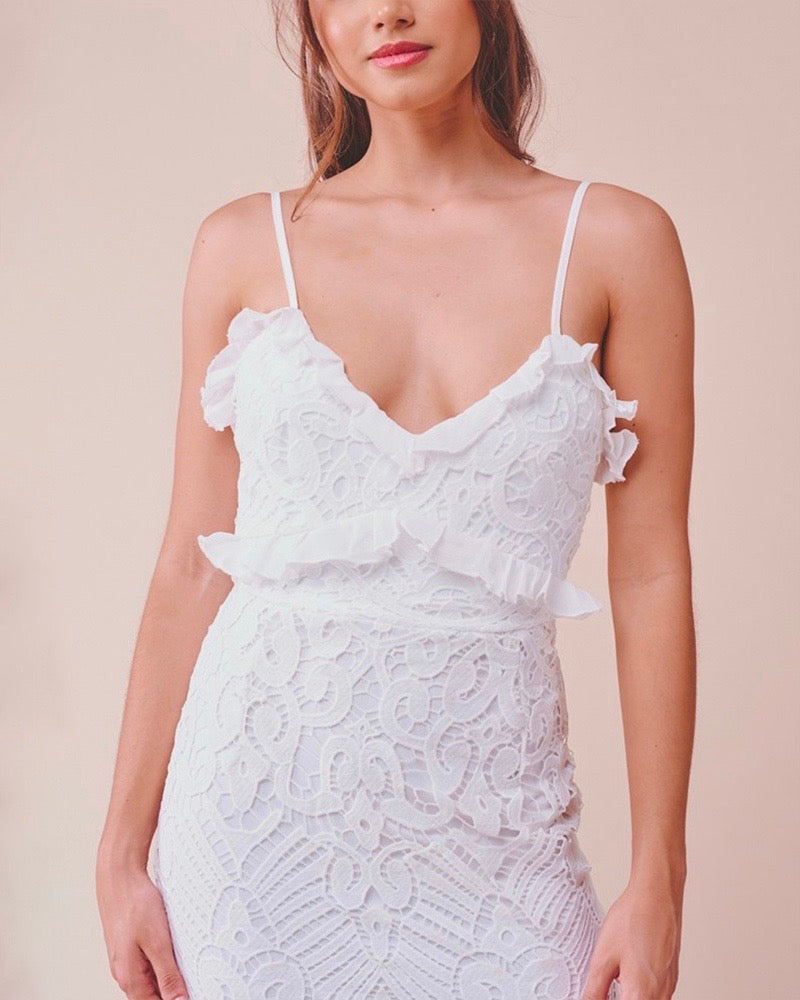 Glamorous Floral Crochet Lace Fishtail Ruffle Trim Dress in White Shop Hearts Glamorous Floral Crochet Lace Fishtail Ruffle Trim Dress in White Shop Hearts