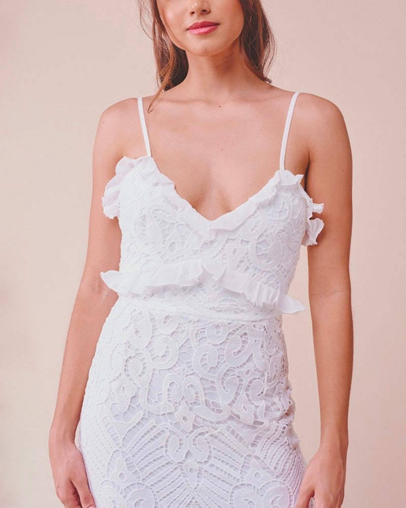 Glamorous Floral Crochet Lace Fishtail Ruffle Trim Dress in White
