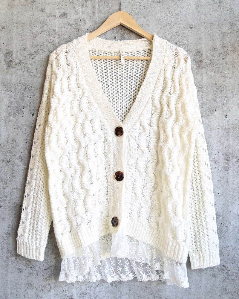 Final Sale - Oversized Cable-Knit Cardigan with Lace Trim in Ivory