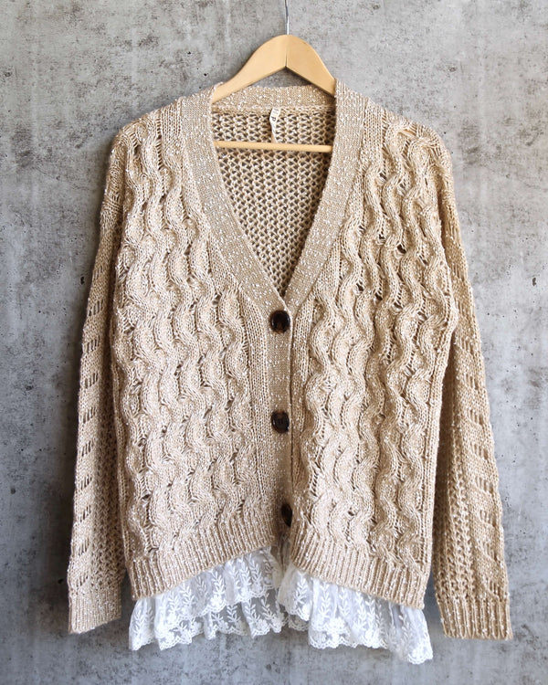 Final Sale - POL Oversize Cable Knit Cardigan with Lace Trim - Tan