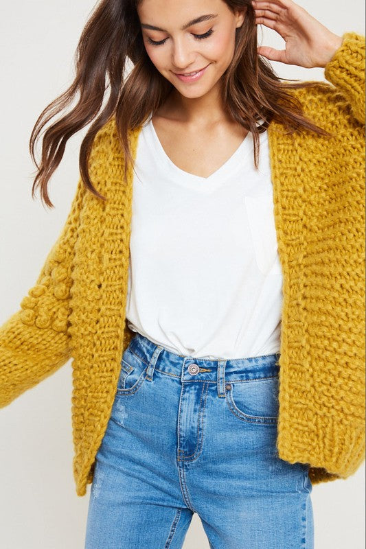 Heart On My Sleeves Handmade Relaxed Open Knit Knitted Open Front Cardigan Sweater in Mustard