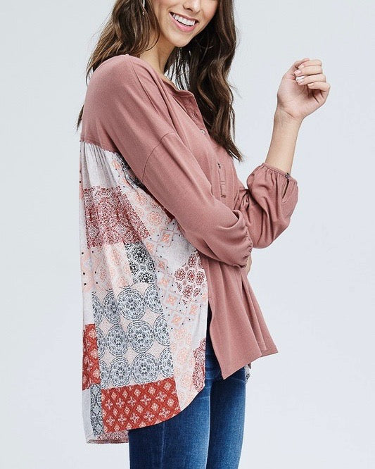 Henley Knit Top with Contrast Printed Back in Mauve