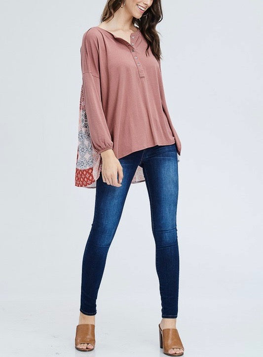 Henley Knit Top with Contrast Printed Back in Mauve