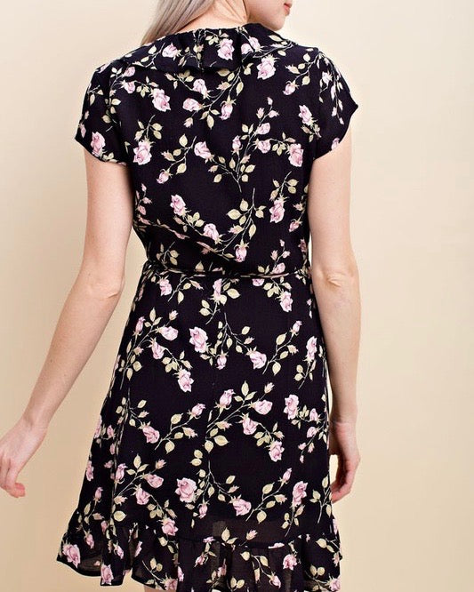 Honey Belle - Floral Wrap Mini Dress in Black/Pink