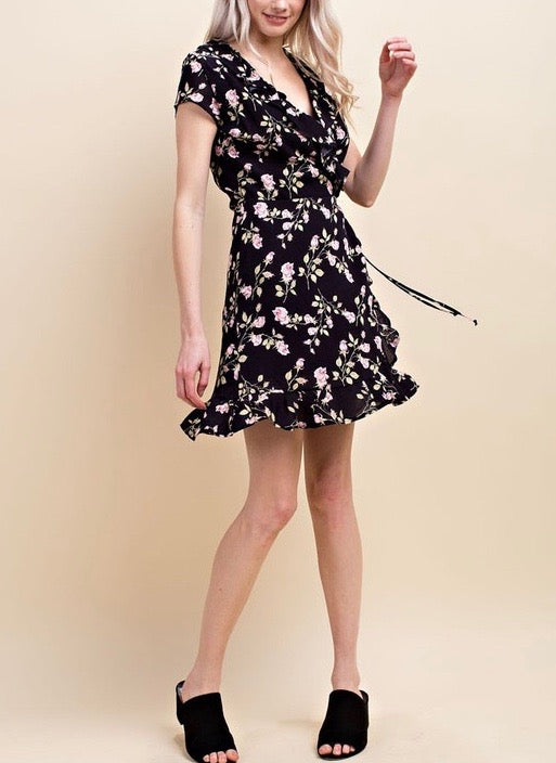 Honey Belle - Floral Wrap Mini Dress in Black/Pink