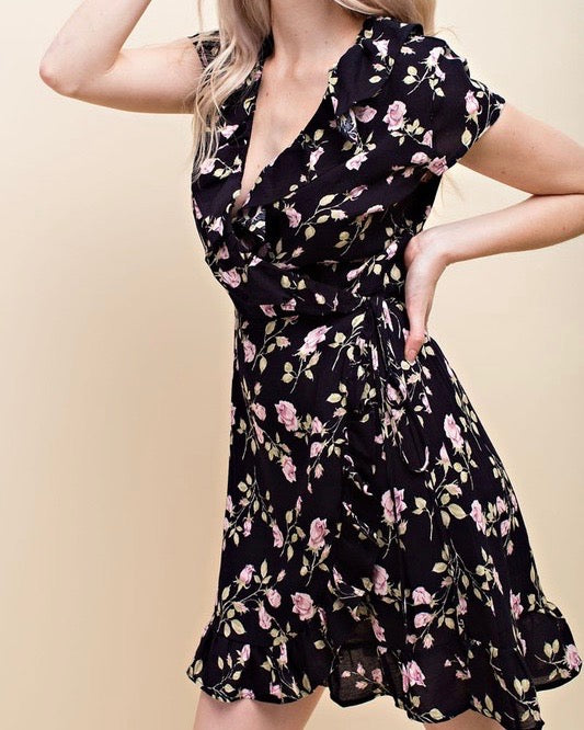 Honey Belle - Floral Wrap Mini Dress in Black/Pink