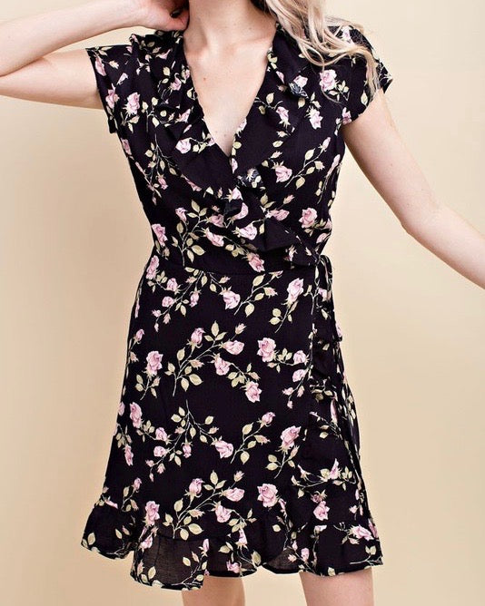 Honey Belle - Floral Wrap Mini Dress in Black/Pink