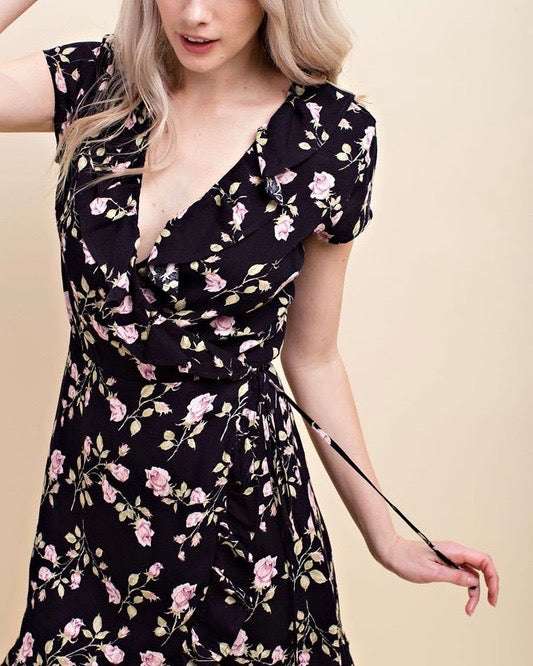 Honey Belle - Floral Wrap Mini Dress in Black/Pink
