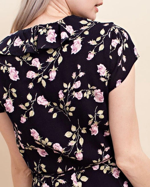 Honey Belle - Floral Wrap Mini Dress in Black/Pink