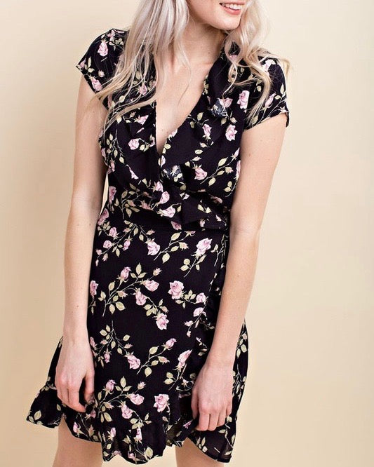 Honey Belle - Floral Wrap Mini Dress in Black/Pink