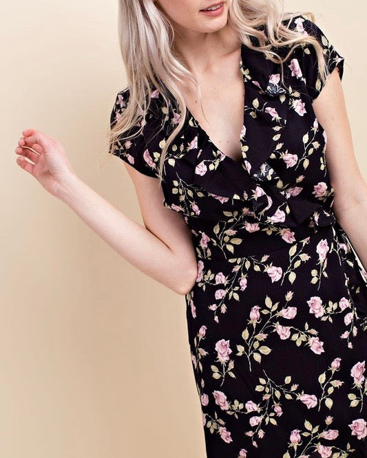 Honey Belle - Floral Wrap Mini Dress in Black/Pink