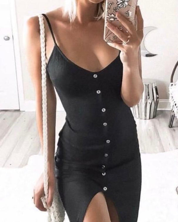 Casual Chic Comfy Button Front Dress in Black