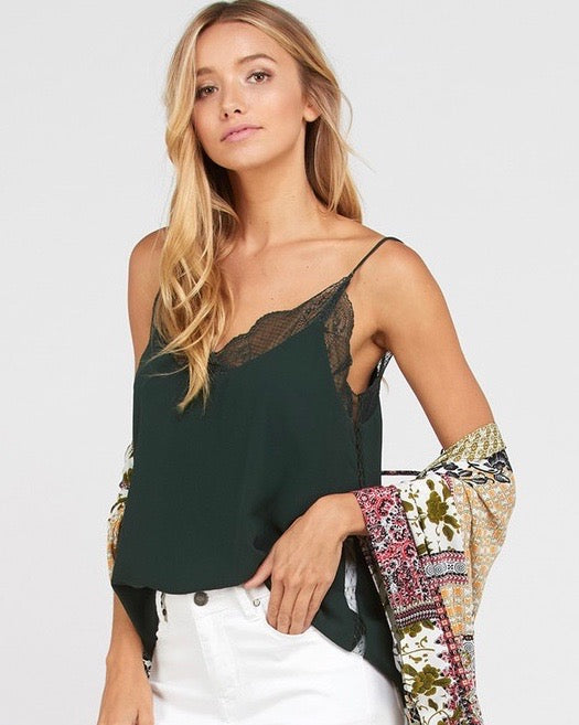 Like It Like That Lace Trimmed Lined Crepe Camisole Tank in Hunter Green