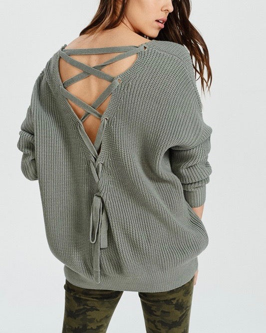 Long Sleeve Lace Up Back Slouchy Sweater in Mint
