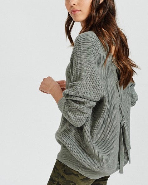 Long Sleeve Lace Up Back Slouchy Sweater in Mint