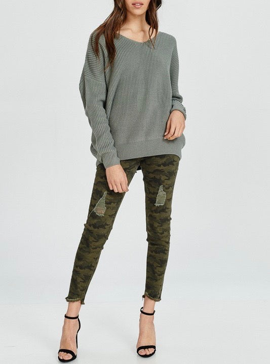 Long Sleeve Lace Up Back Slouchy Sweater in Mint