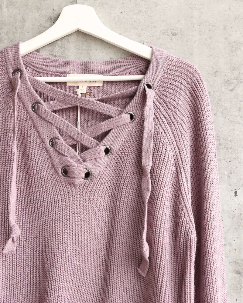 Lace Up Grommet Knit Sweater in Dusty Purple