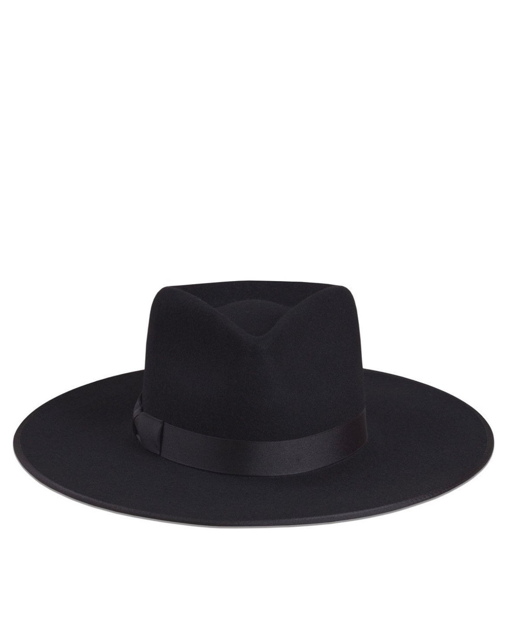 Lack of Color Black Noir Rancher fedora, isolated front view showing pinched crown and ribbon band