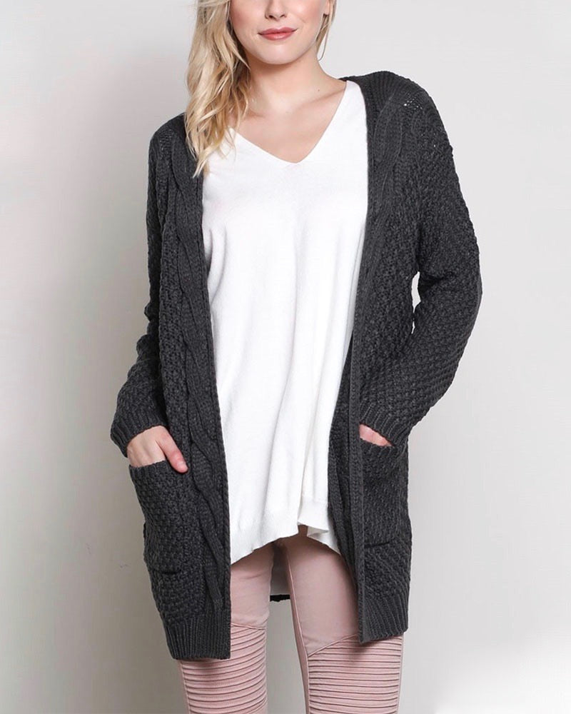 Long sleeve low gauge open knit wishlist cardigan sweater with pockets CHARCOAL