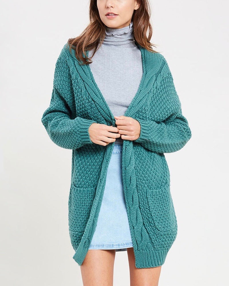 Long sleeve low gauge open knit wishlist cardigan sweater with pockets MIDNIGHT GREEN