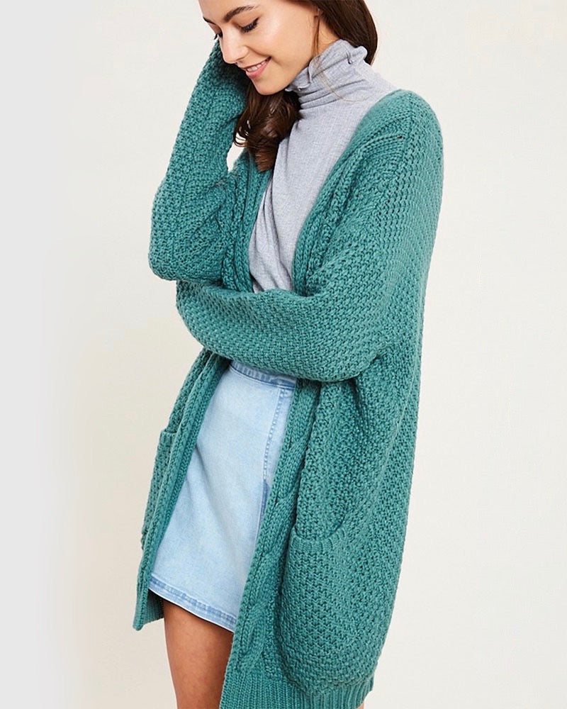 Long sleeve low gauge open knit wishlist cardigan sweater with pockets MIDNIGHT GREEN