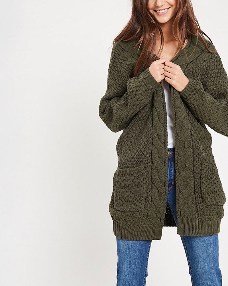 Long sleeve low gauge open knit wishlist cardigan sweater with pockets OLIVE
