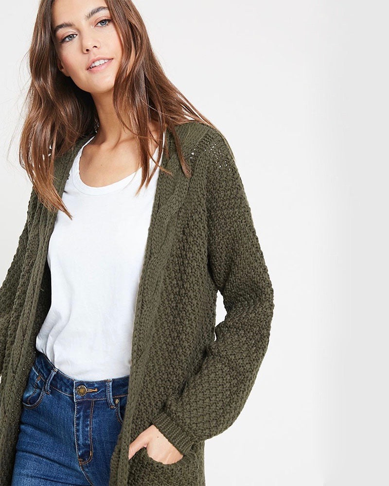 Long sleeve low gauge open knit wishlist cardigan sweater with pockets OLIVE