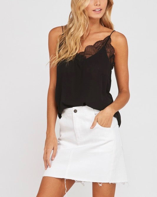 Like It Like That Lace Trimmed Lined Crepe Camisole Tank in Black