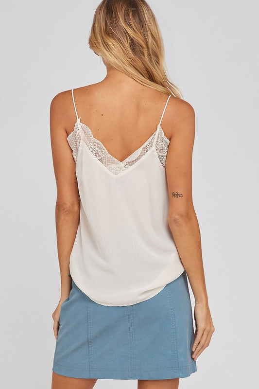Like It Like That Lace Trimmed Lined Crepe Camisole Tank in Ivory