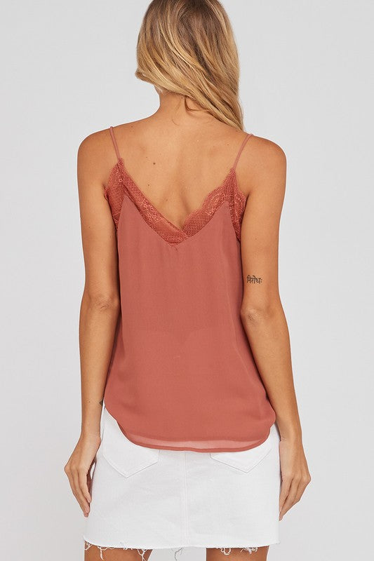 Like It Like That Lace Trimmed Lined Crepe Camisole Tank in Ginger